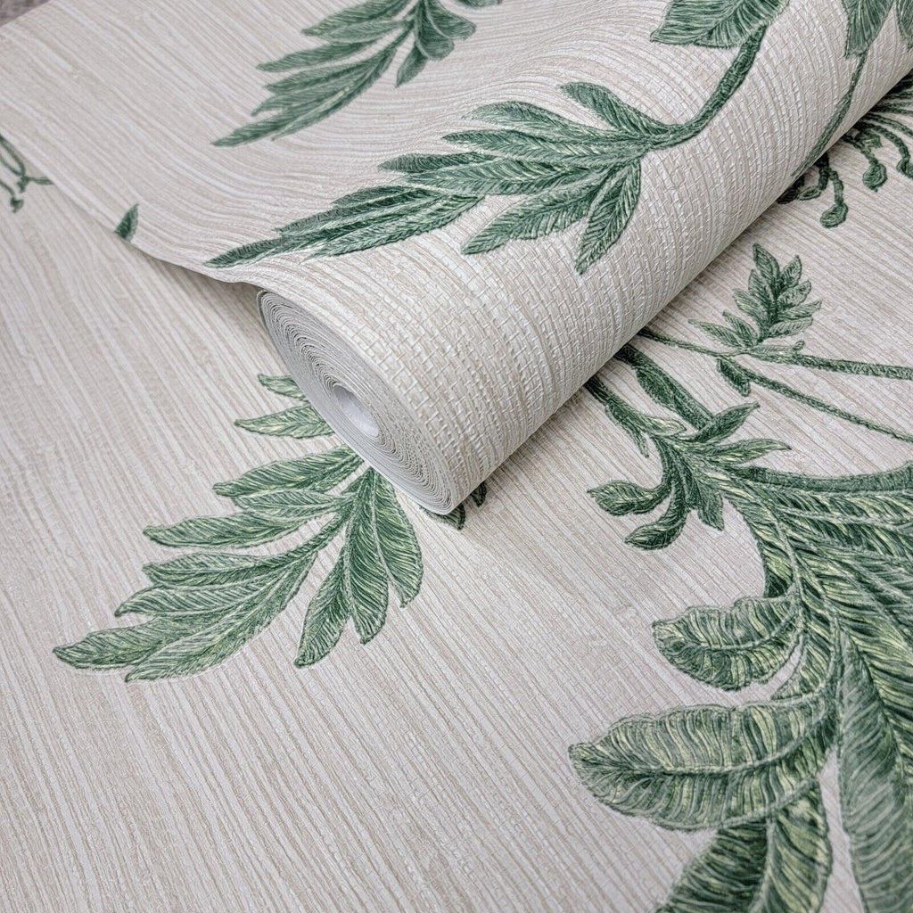 Z21140 Green off white Wallpaper floral tropical banana leaves faux gr