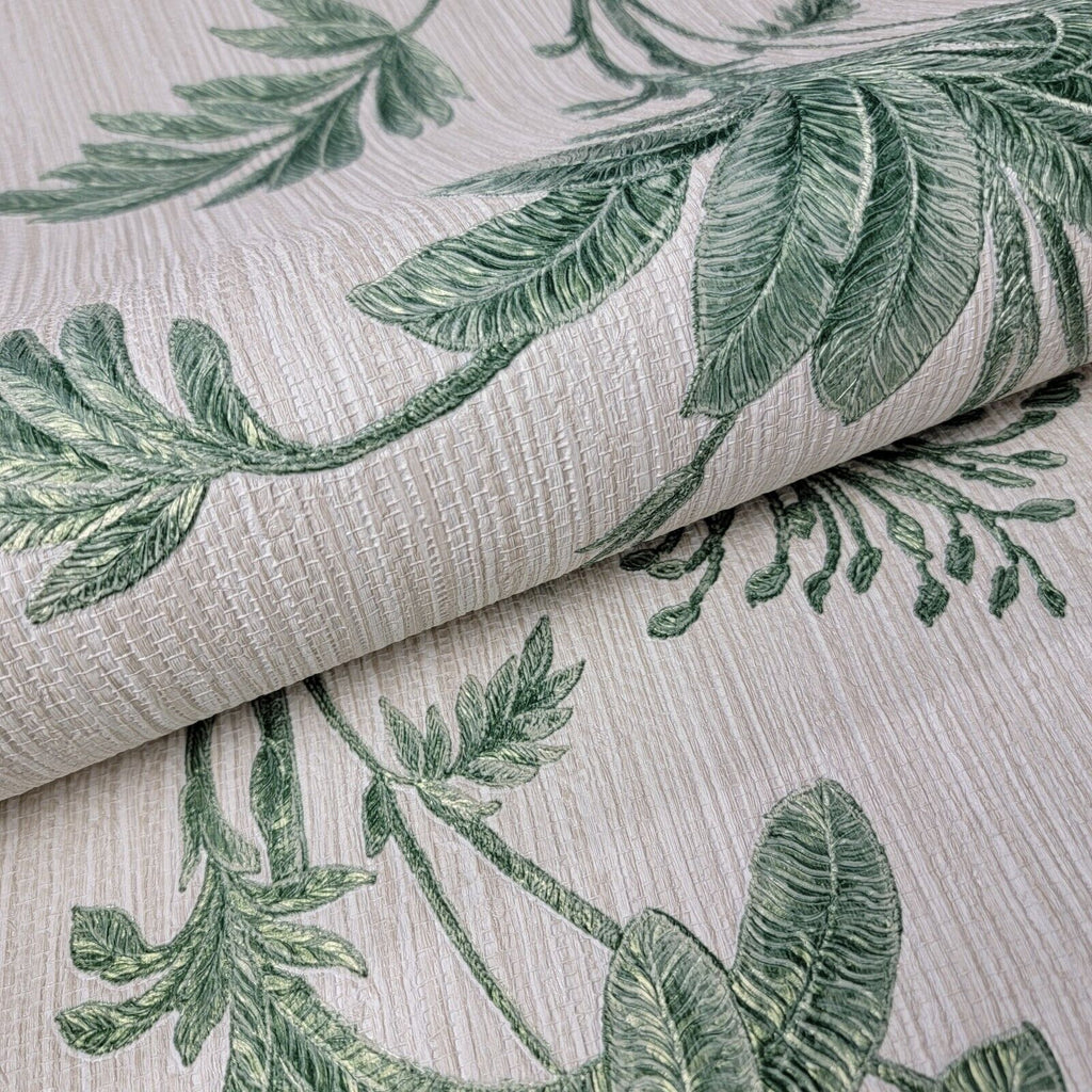 Z21140 Green off white Wallpaper floral tropical banana leaves faux gr