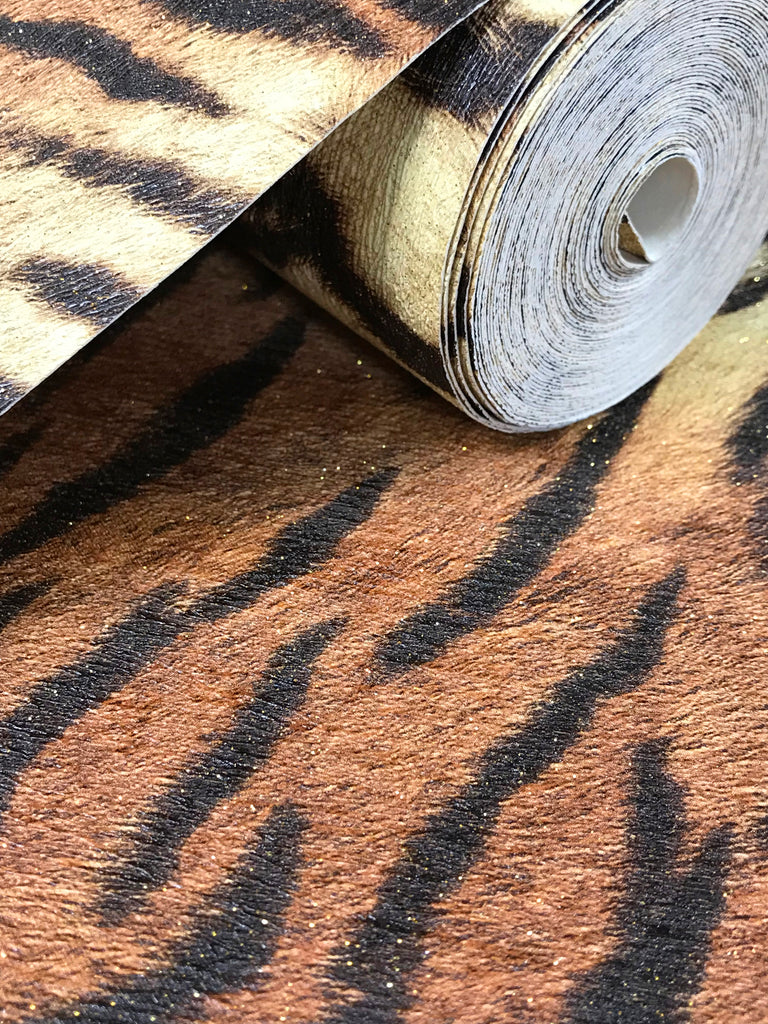 255061 Wallpaper Tiger Line faux animal fur textured modern Orange bla