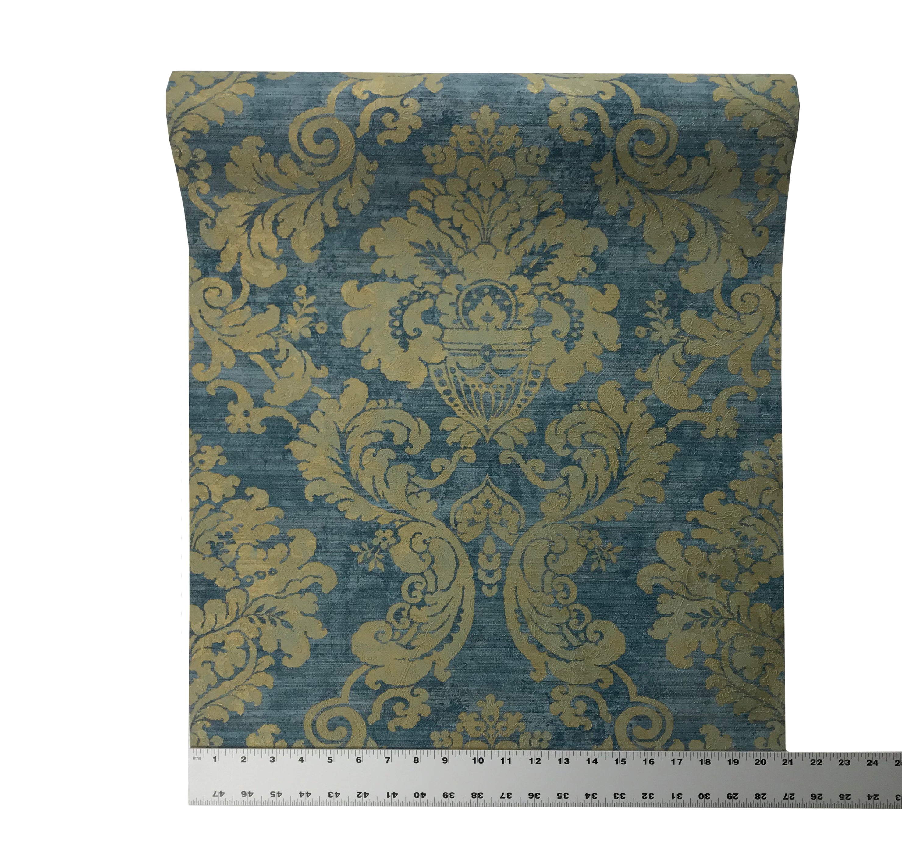 75902 Blue Gold Damask Metallic Wallpaper faux plaster textured