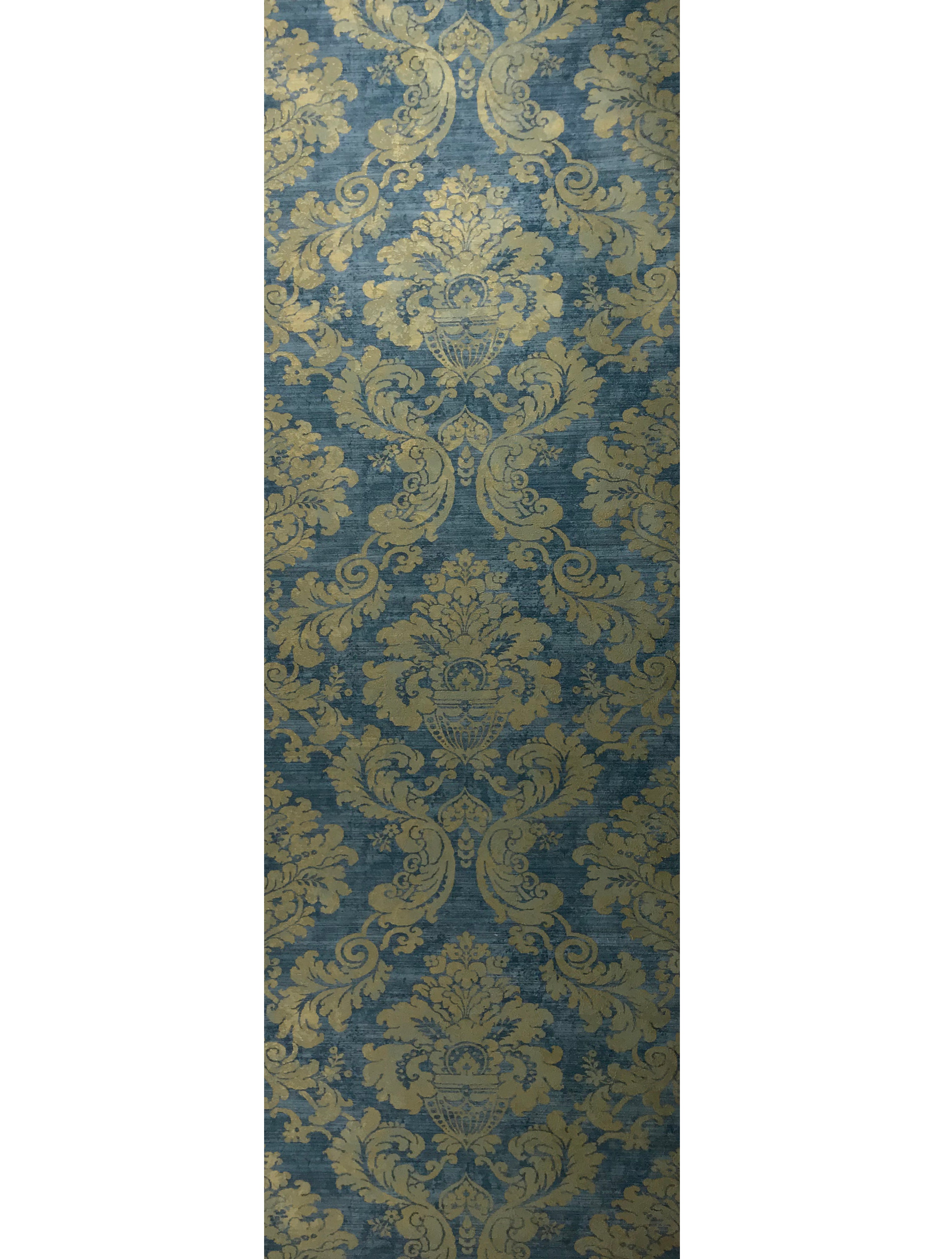 75902 Blue Gold Damask Metallic Wallpaper faux plaster textured