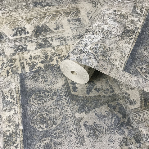 310030 Portofino Paisley Blue White faux Rustic carpet Wallpaper