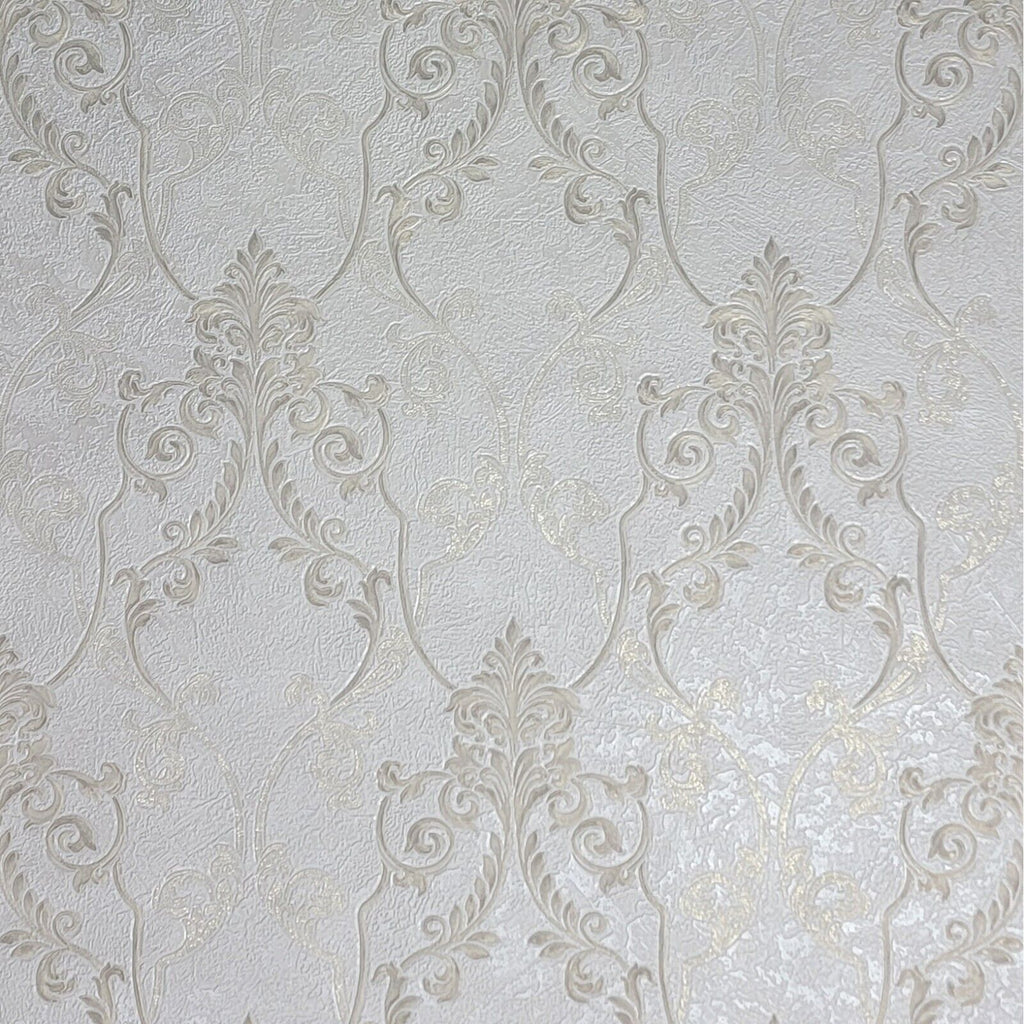 M5601 Wallpaper Ivory off white brass gold metallic Victorian damask ...