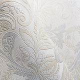 M1206 Beige tan silver metallic faux fabric textured floral victorian damask Wallpaper