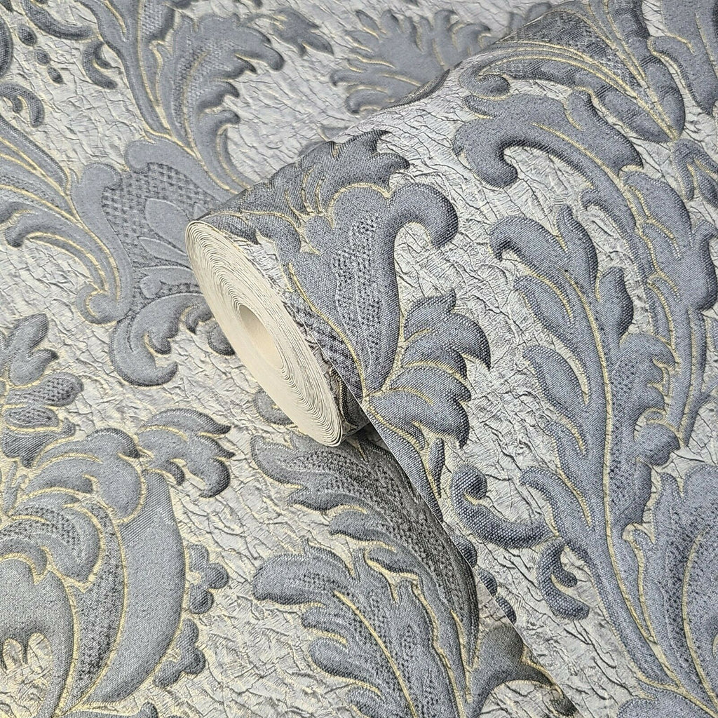 M1231 Gray silver gold crashed foil victorian damask Wallpaper ...