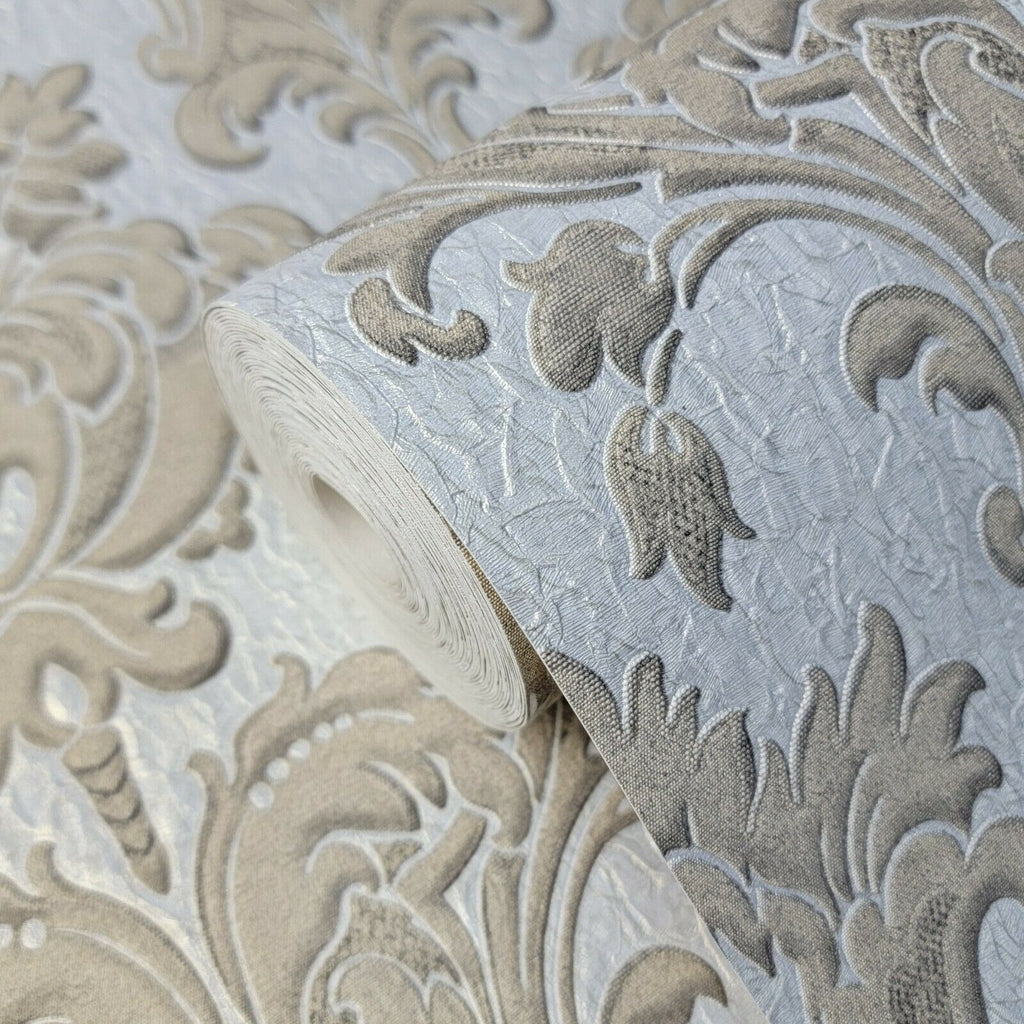 M1233 Murella Ivory silver tan gold metallic Victorian damask Wallpape ...