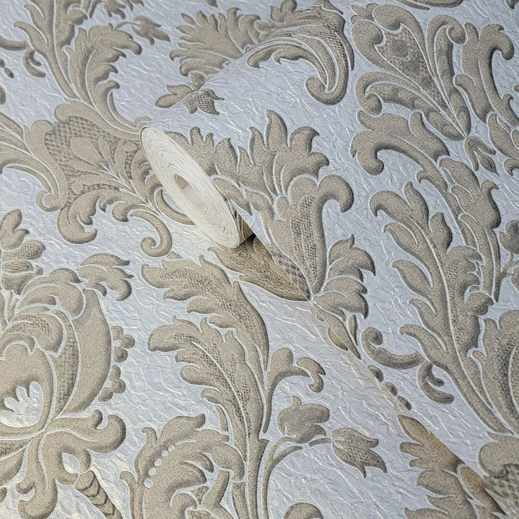 M1233 Murella Ivory silver tan gold metallic Victorian damask Wallpape ...