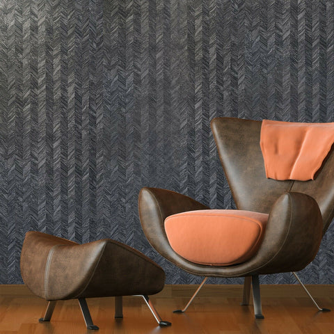 M23056 Herringbone charcoal gray black faux wood textured Wallpaper
