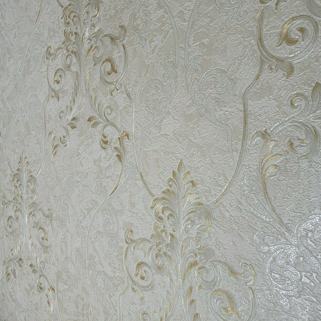 M5605 Murella Ivory off white gold metallic Victorian damask Wallpaper ...