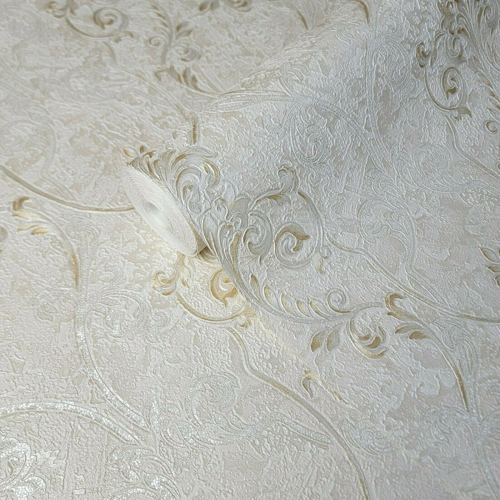 M5605 Murella Ivory off white gold metallic Victorian damask Wallpaper ...
