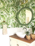 2744-24136 Brewster Palm leaves Banana Leaf White Green Tropical Wallpaper - wallcoveringsmart