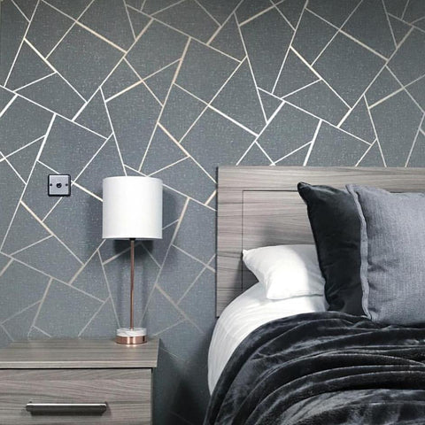 WM4228301 Wallpaper Gray Charcoal Black Metallic Textured Geometric Triangle Glitter - wallcoveringsmart
