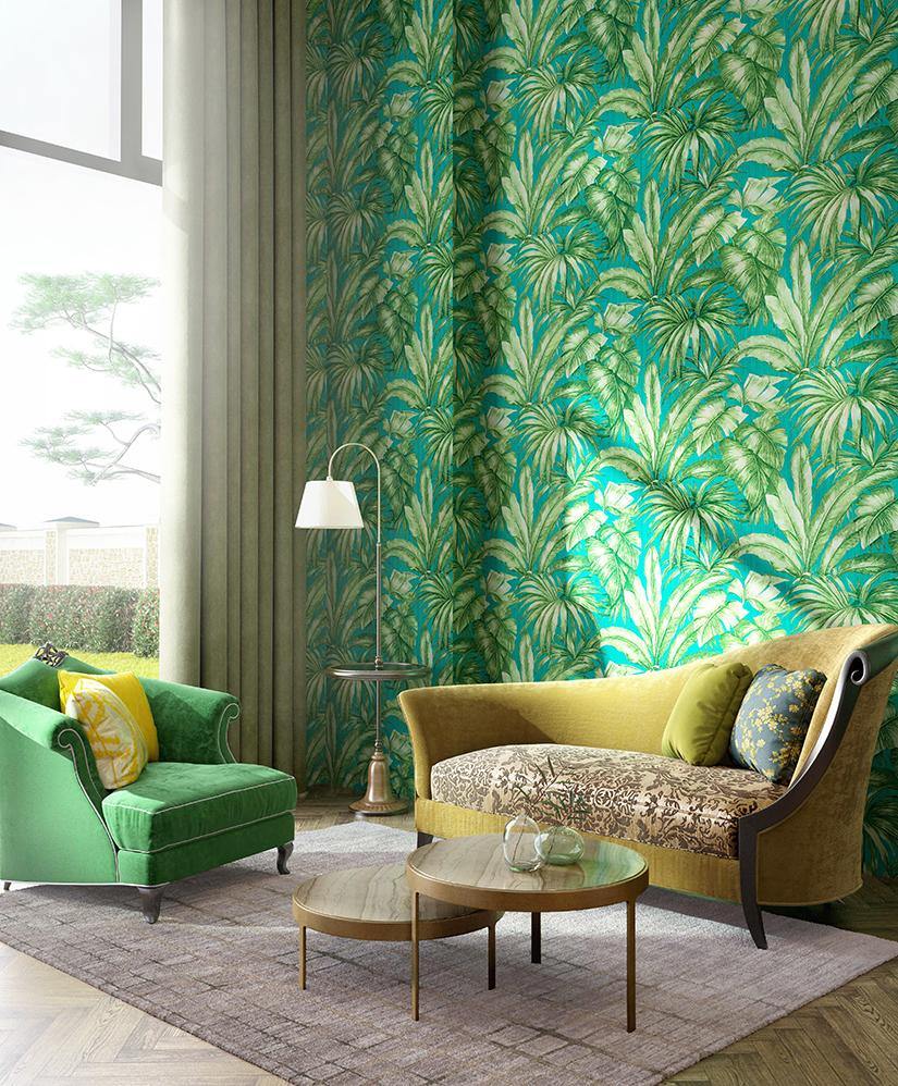 96240-6 Giungla Green Teal Palm Leaf Versace Textured Wallpaper ...