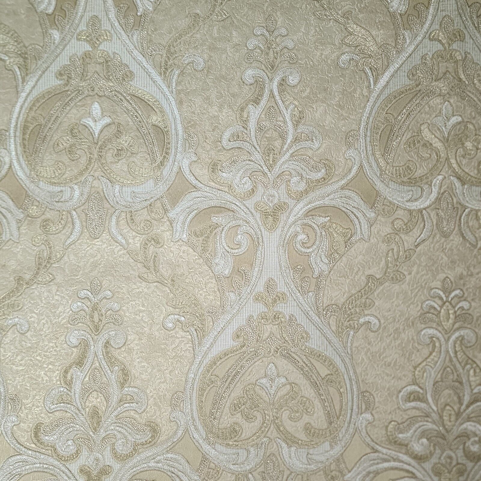 M25012 Victorian Sand tan cream gold metallic gray ogee damask