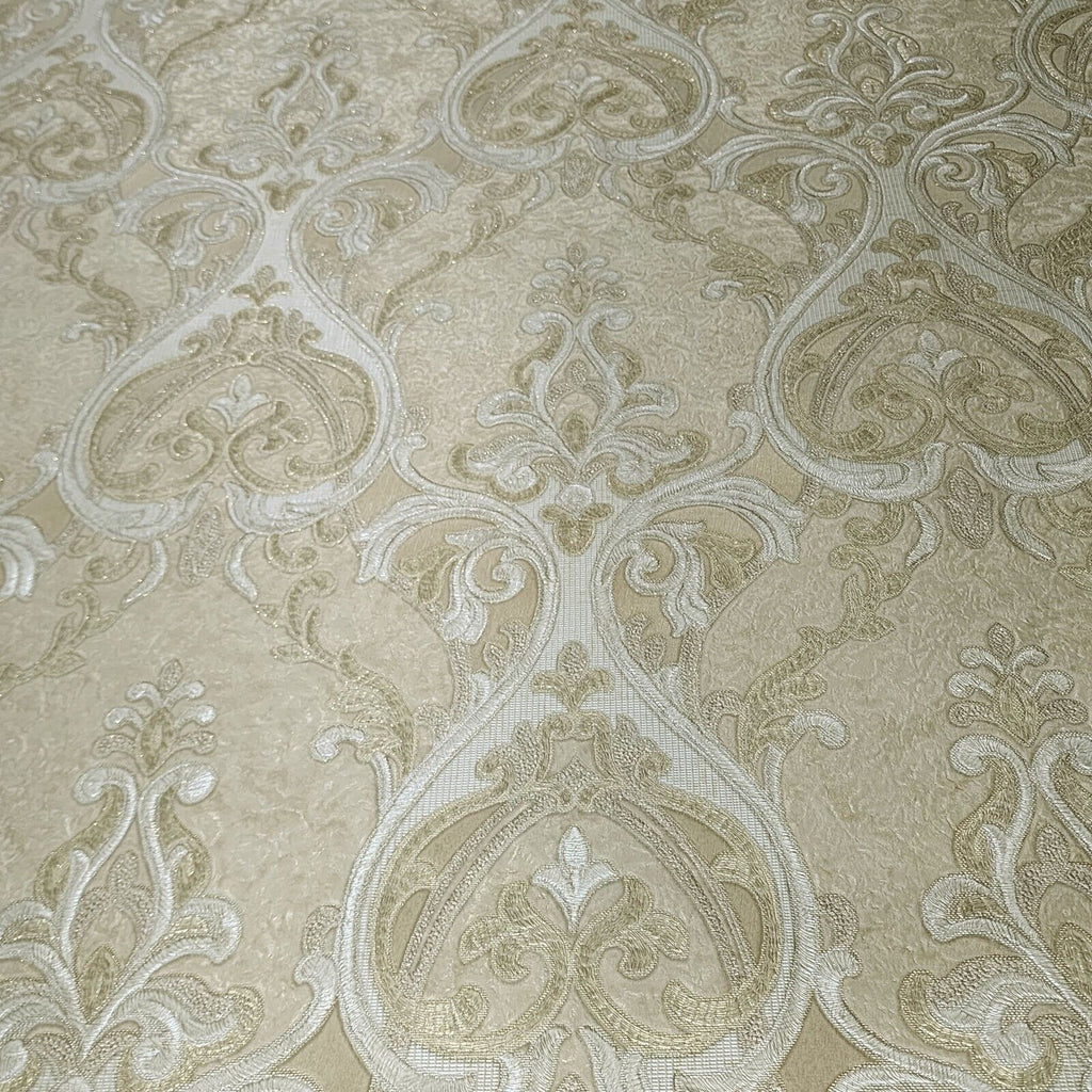 M25012 Victorian Sand tan cream gold metallic gray ogee damask texture ...