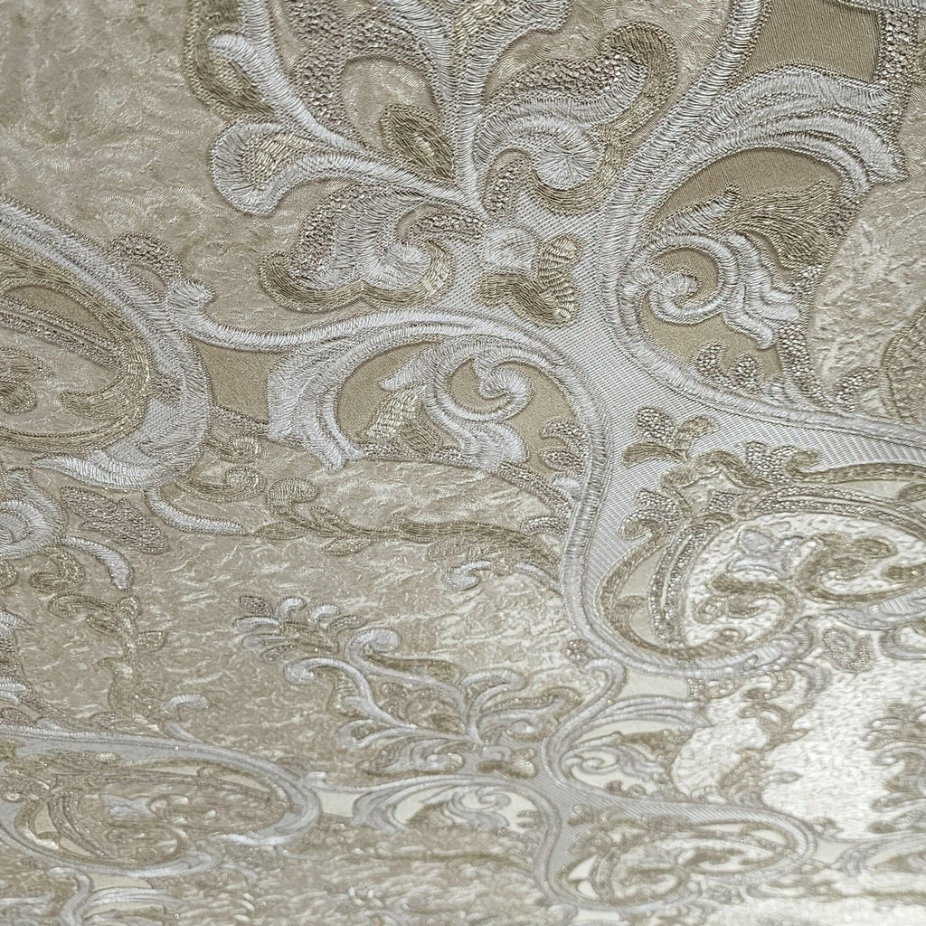 M25012 Victorian Sand tan cream gold metallic gray ogee damask texture ...