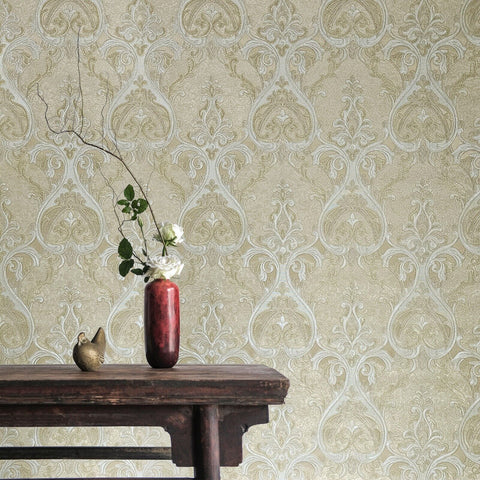 M25012 Victorian Sand tan cream gold metallic gray ogee damask textured Wallpaper rolls
