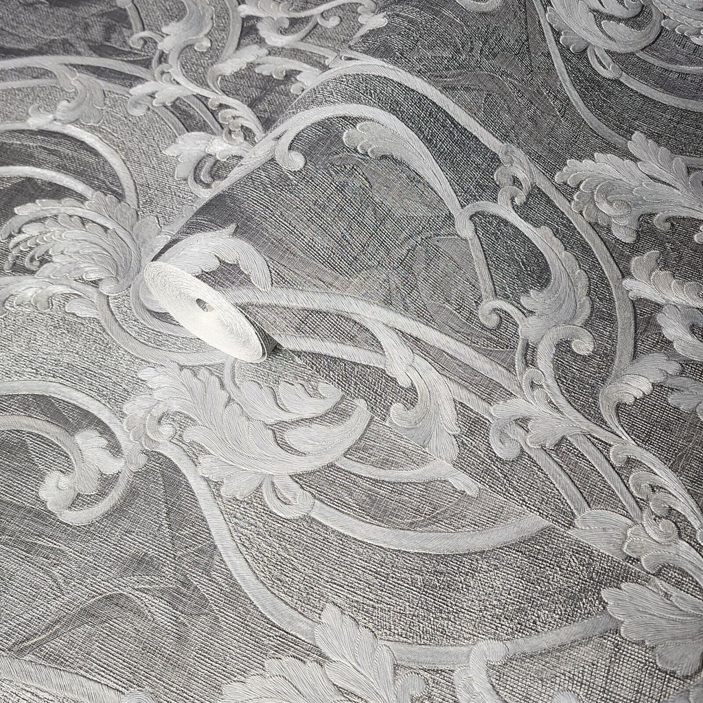M53014 Victorian Wavy Damask gray silver gold metallic textured faux f ...