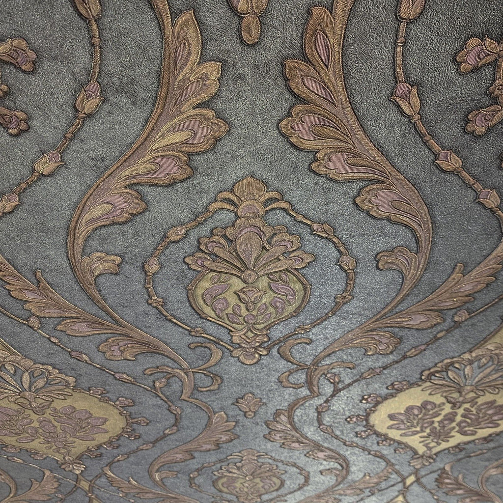 Z47029 Victorian dark gray brass purple gold metallic ogee damask text ...