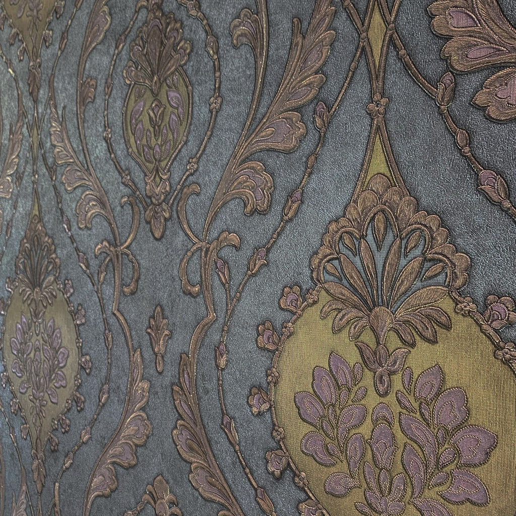 Z47029 Victorian dark gray brass purple gold metallic ogee damask text ...
