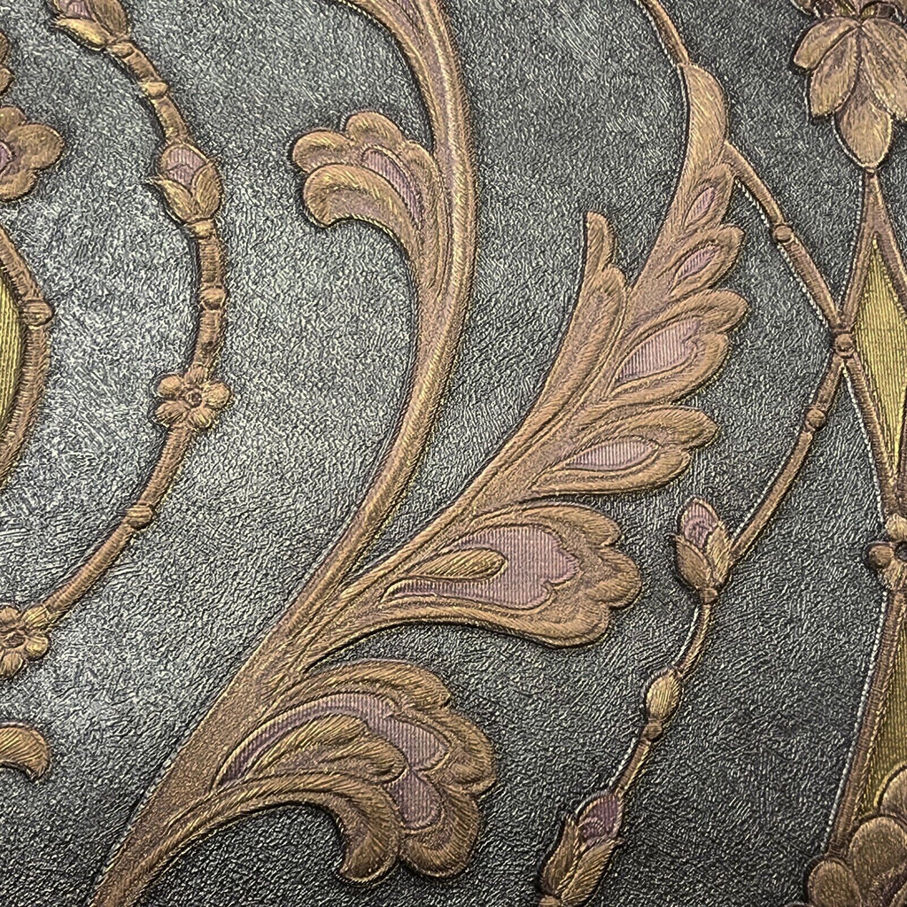 Z47029 Victorian dark gray brass purple gold metallic ogee damask text ...