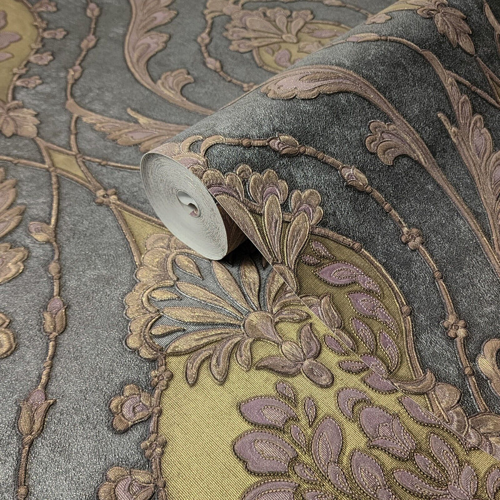 Z47029 Victorian dark gray brass purple gold metallic ogee damask text ...