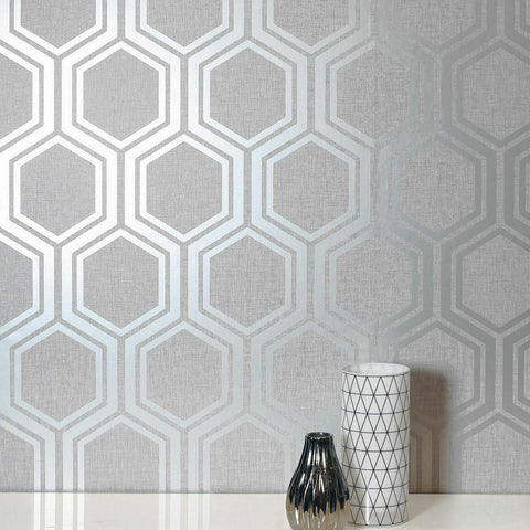 WM91020601 Geometric ash gray silver metallic hexagon Wallpaper