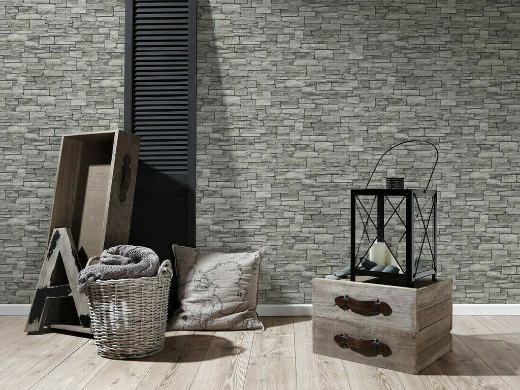 Wm95871201 Gray Black 3d Textured Faux Brick Stone Wallpaper 