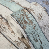 WM95914101 Distressed white blue faux wood planks 3D Wallpaper