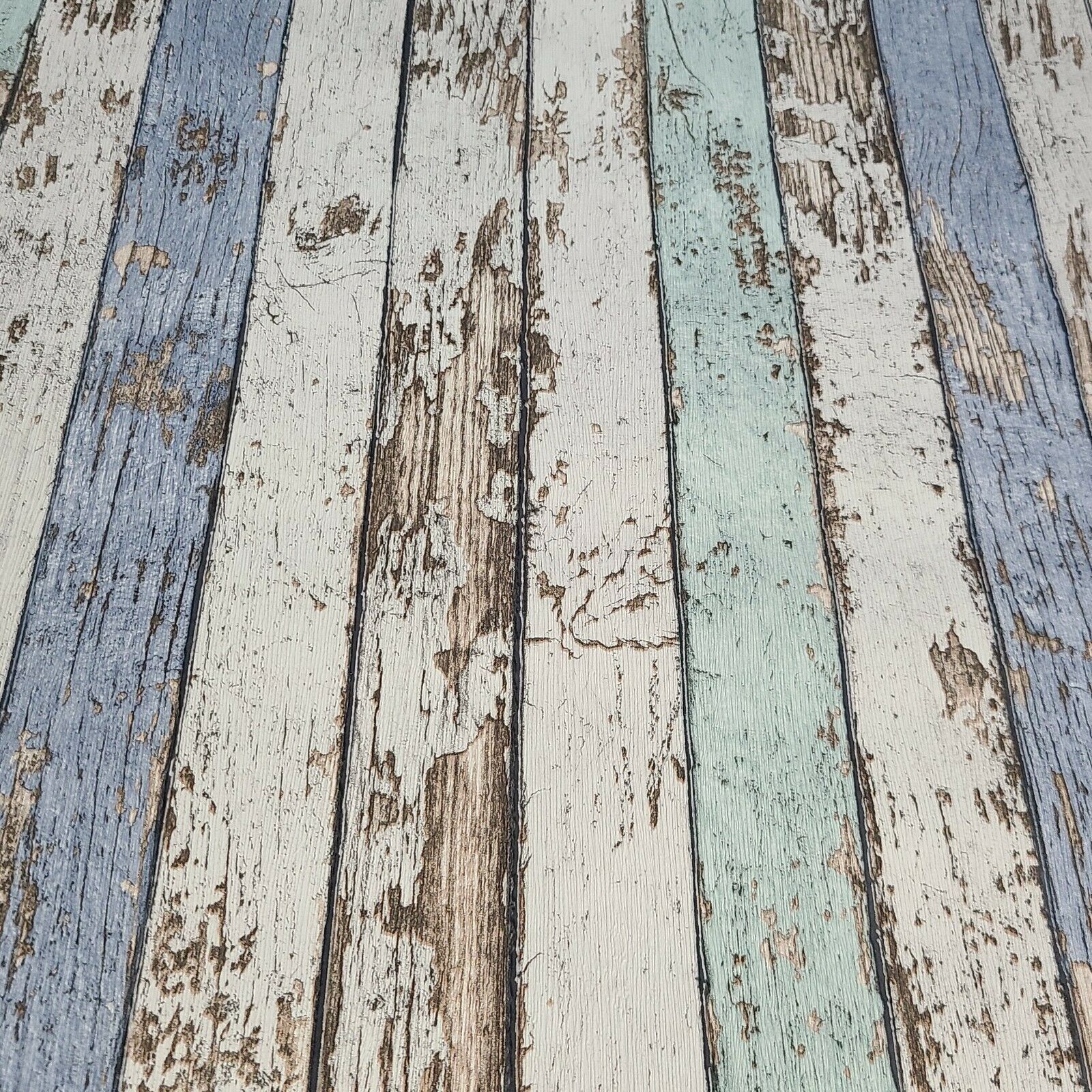 WM95914101 Distressed white blue faux wood planks 3D Wallpaper