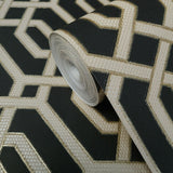 WMBA22001601 Black gold geometric faux fabric trellis Wallpaper