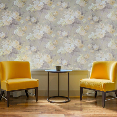 WMJM1001801 Yellow gray gold metallic floral faux fabric Wallpaper
