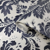 700011 Wallpaper flocking navy blue silver gray metallic damask velvet