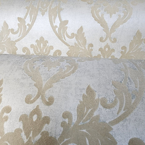 Beige Flocking 225006 Wallpaper flocking rustic beige Flocked vintage damask velvet w ...