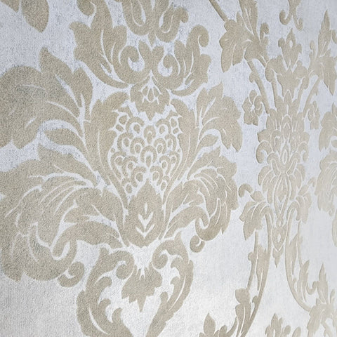 Beige Flocking 225006 Wallpaper flocking rustic beige Flocked vintage damask velvet w ...