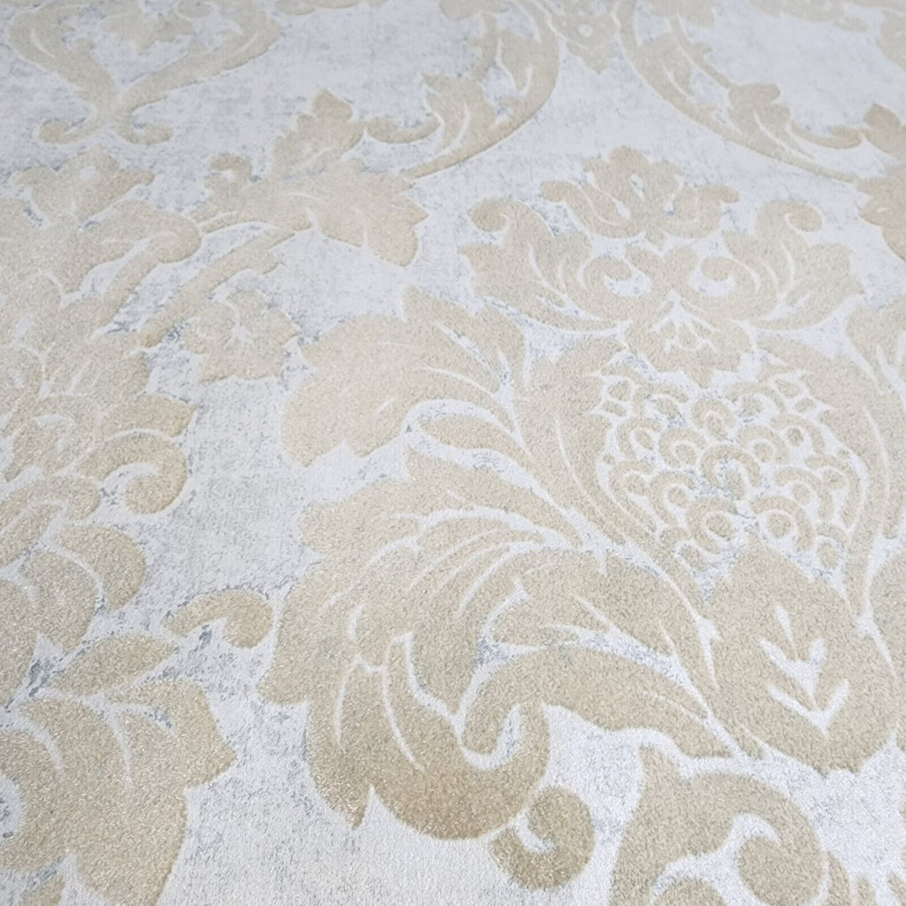 Beige Flocking 225006 Wallpaper flocking rustic beige Flocked vintage damask velvet w ...