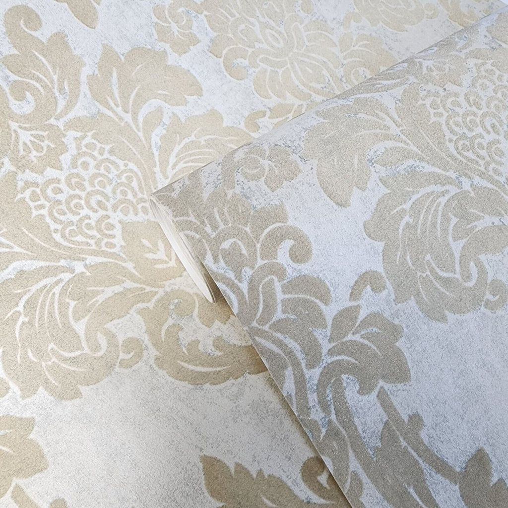 Beige Flocking 225006 Wallpaper flocking rustic beige Flocked vintage damask velvet w ...