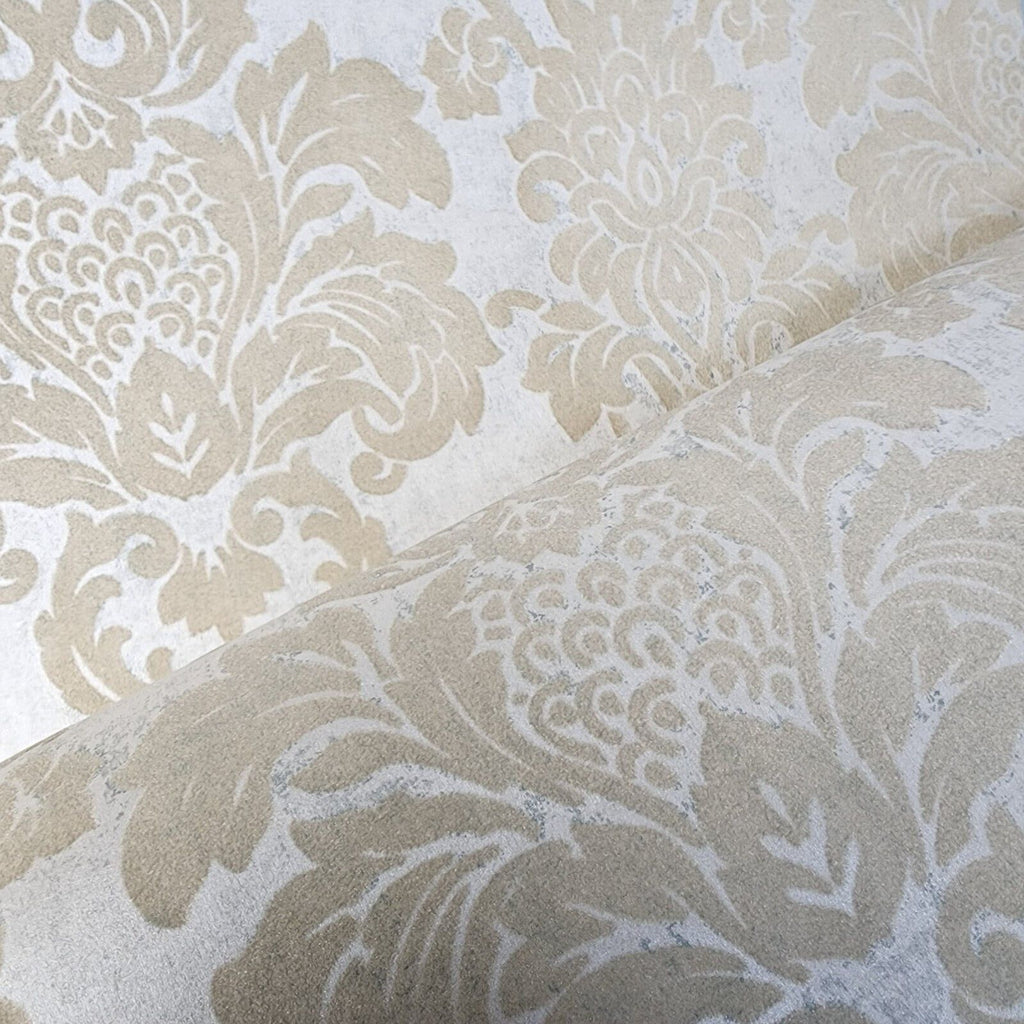 Beige Flocking 225006 Wallpaper flocking rustic beige Flocked vintage damask velvet w ...