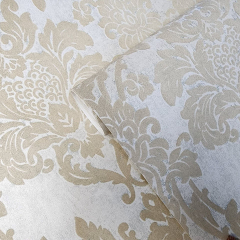 Beige Flocking 225006 Wallpaper flocking rustic beige Flocked vintage damask velvet w ...