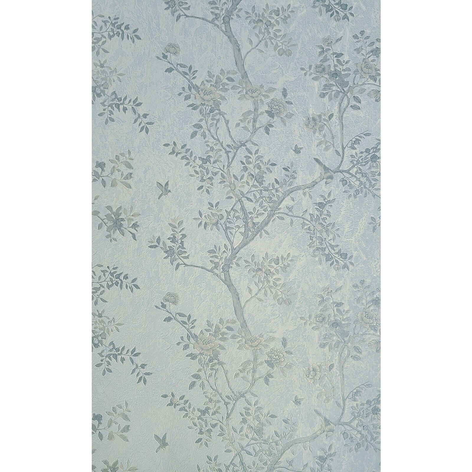 Z3450 Floral Baby blue Teal Beige Gold flower trees birds Wallpaper –  wallcoveringsmart