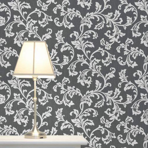 WM4098901 Textured black gray damask embossed Wallpaper - wallcoveringsmart