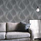 WM0115310701 textured wavy lines wallpaper Black Gray Silver waves 3D - wallcoveringsmart