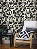 135052 White Black Flock Tree Leave Floral Flocked Wallpaper 3D - wallcoveringsmart