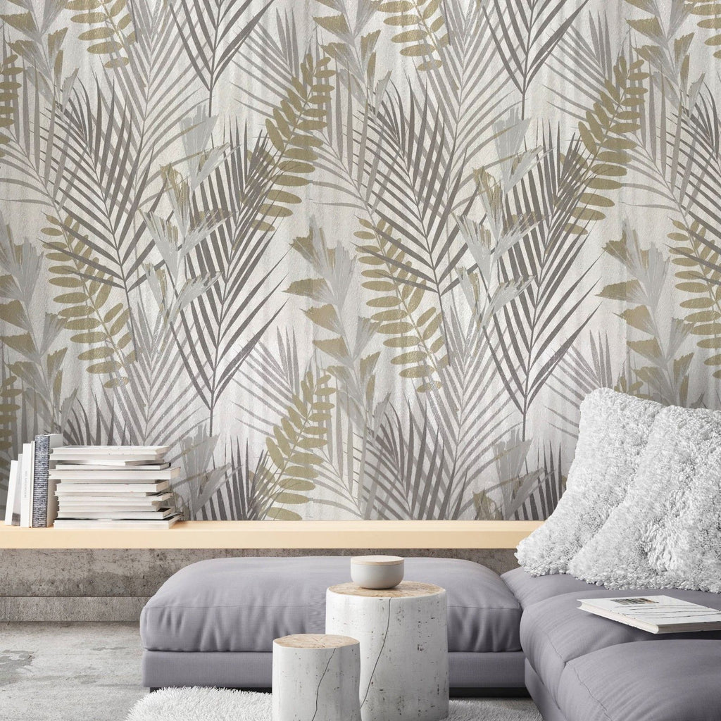 255007 Wallpaper ivory grey gold Metallic Modern Floral Tropical Palm ...