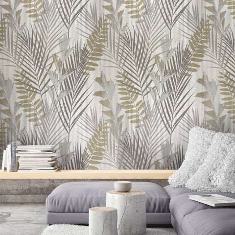 255007 Portofino Cream Gold Silver Palm Leaf Wallpaper
