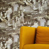 Wallpaper beige brown gold metallic urban New York City Mural pattern