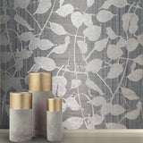 135012 Gray Silver Metallic Leaves Wallpaper - wallcoveringsmart