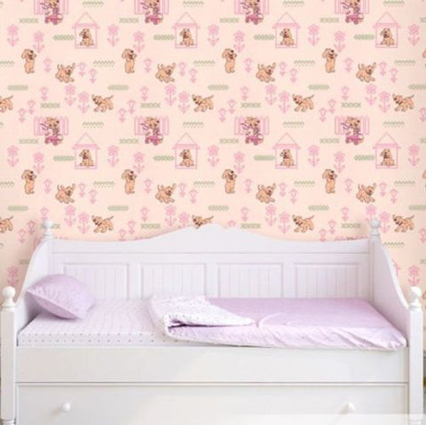 M327-02 Pink Knit Dog Kids room Nursery textured Wallpaper