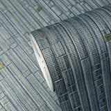 M16040 Zambaiti Striped blue gray gold textured faux bamboo grasscloth Wallpaper