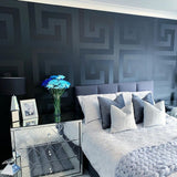 93523-4 Solea Black Satin Greek Key textured Versace Wallpaper